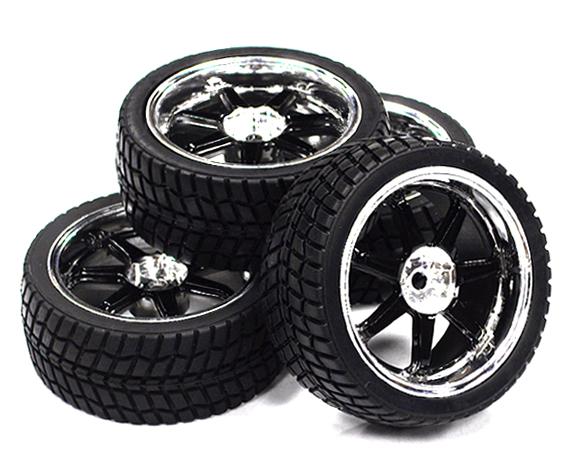 7 Spoke Complete Wheel & Tire Set (4) for 1/10 Touring Car