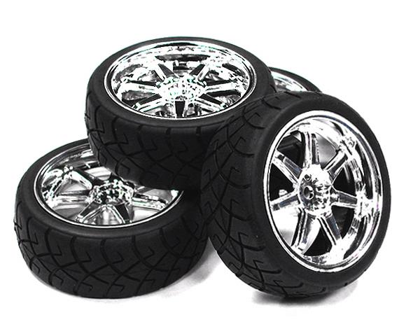7 Spoke Complete Wheel & Tire Set (4) for 1/10 Touring Car