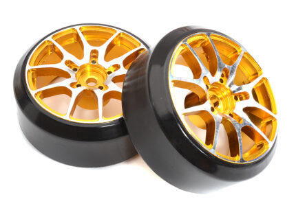 Gold Alloy Machined 10-Spoke Wheels & Tires Set (2) for 1/10 Scale Drift W=26mm