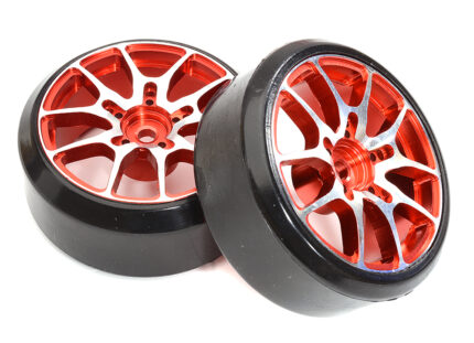 Red Alloy Machined 10-Spoke Wheels & Tires Set (2) for 1/10 Scale Drift W=26mm