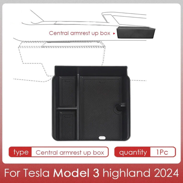 Black ABS Central Control Armrest Storage Box w/ PVC Pad for Tesla 24 Model 3 - Image 3